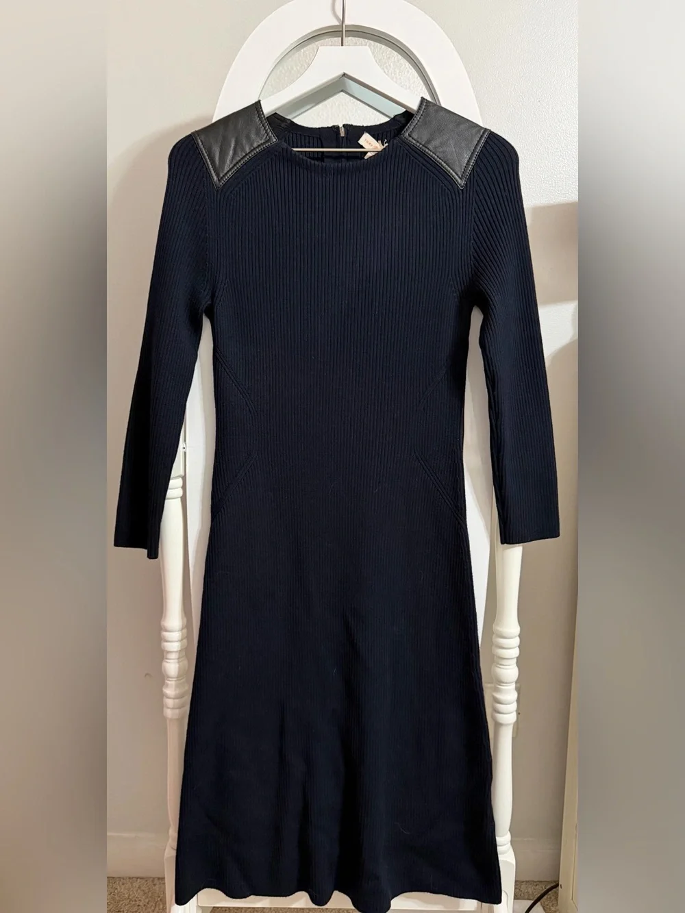 Tory Burch Black Ribbed Knit Dress w/ Leather Shoulder Panels Size M